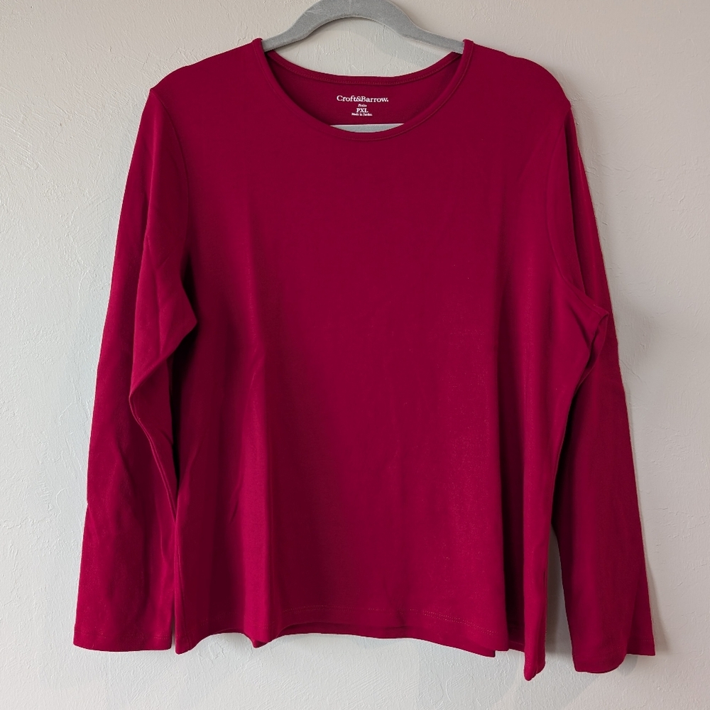 100% Pima Cotton Croft & Borrow Petite Red Crew Neck Long Sleeve Tee Size PXL